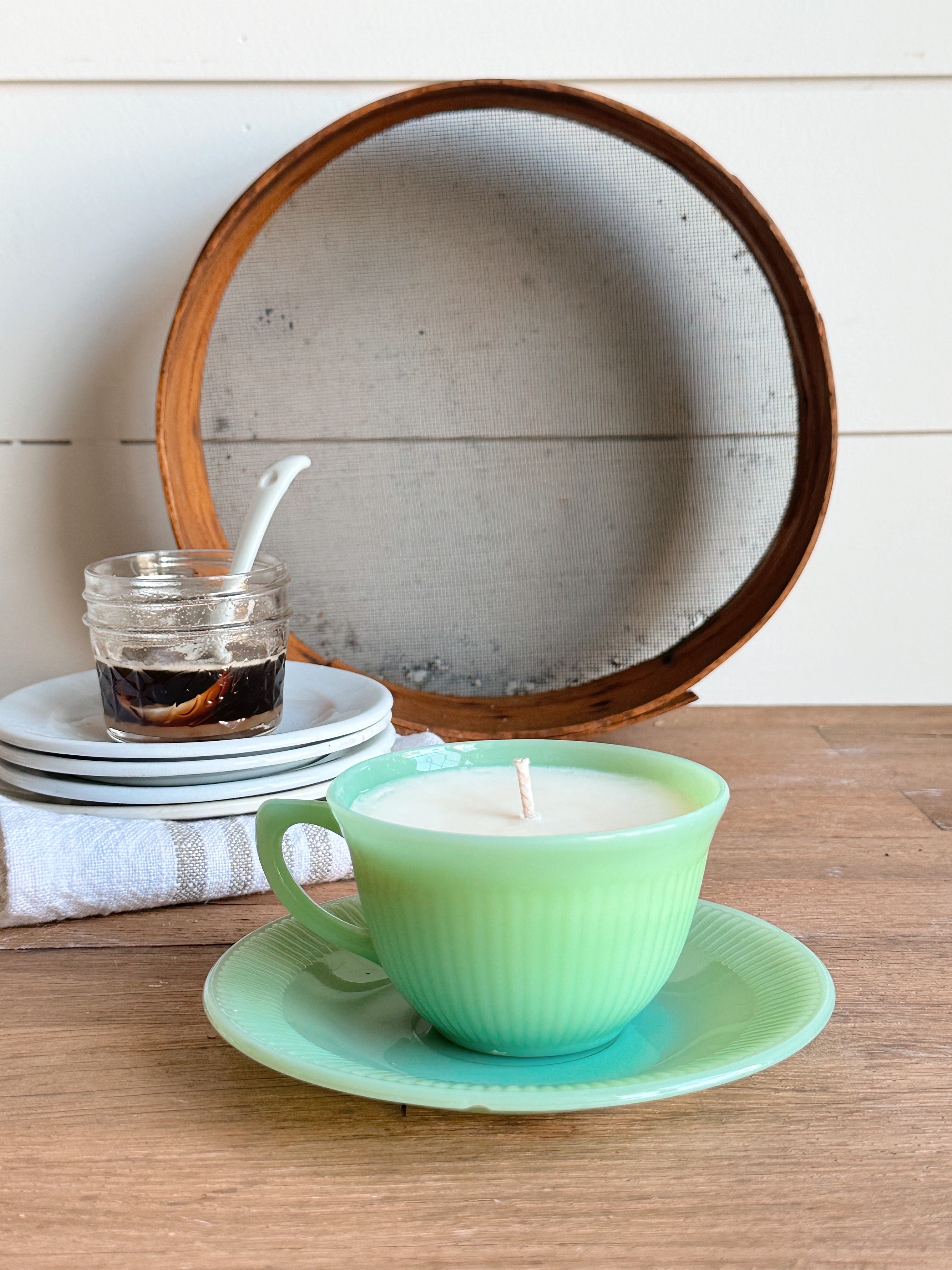 Hand Poured Pralines & Caramel in a Vintage Jadeite Cup and Saucer