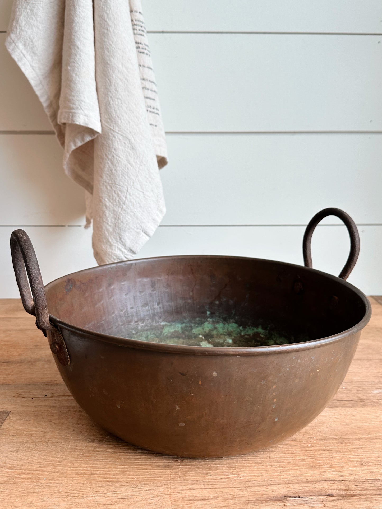 Antique Copper Mixing Bowl with Wrought Iron Handles, c. 1900
