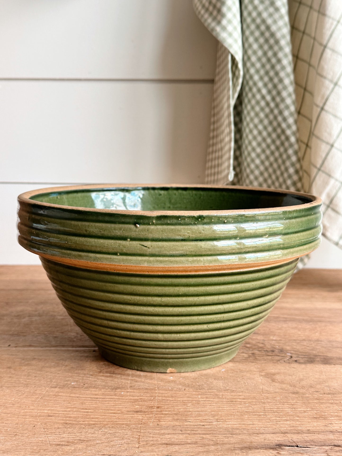 Vintage Green Ribbed Stoneware Mixing Bowl