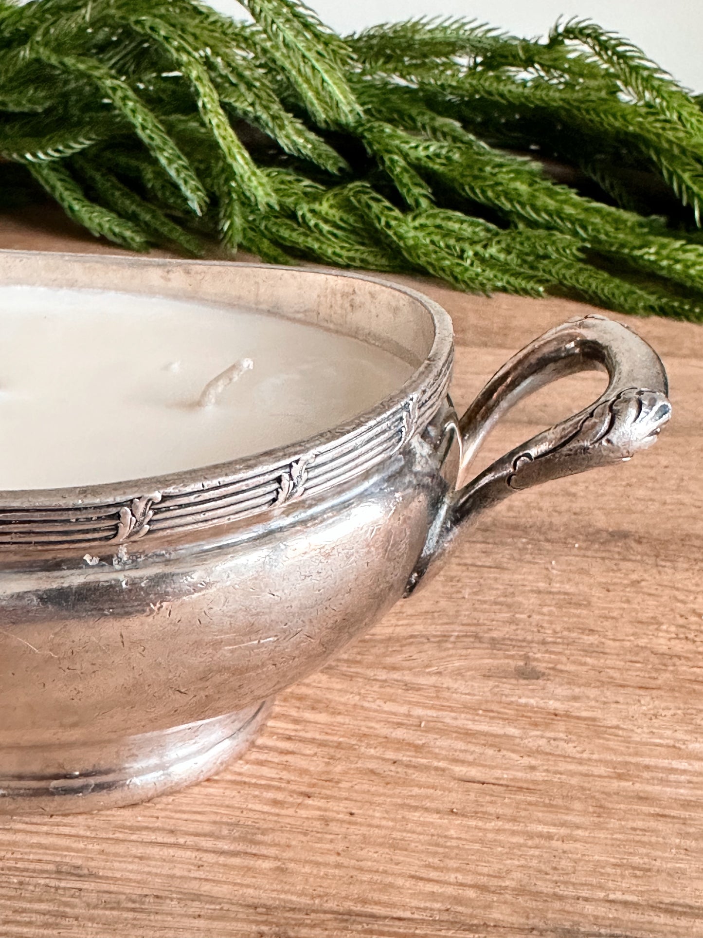 Hand Poured Gingerbread Cookie Candle in a Vintage Silver Plate Vessel