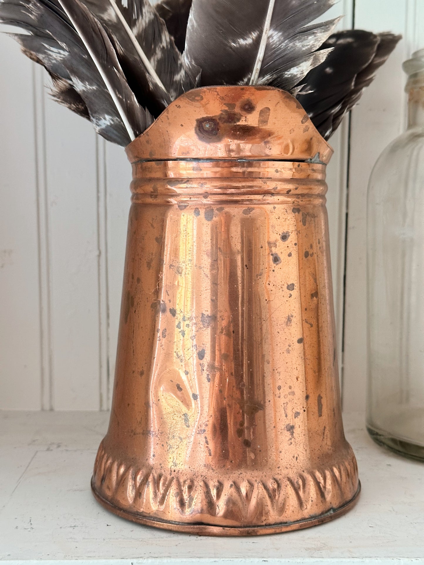 Vintage Copper Pitcher & Turkey Feathers