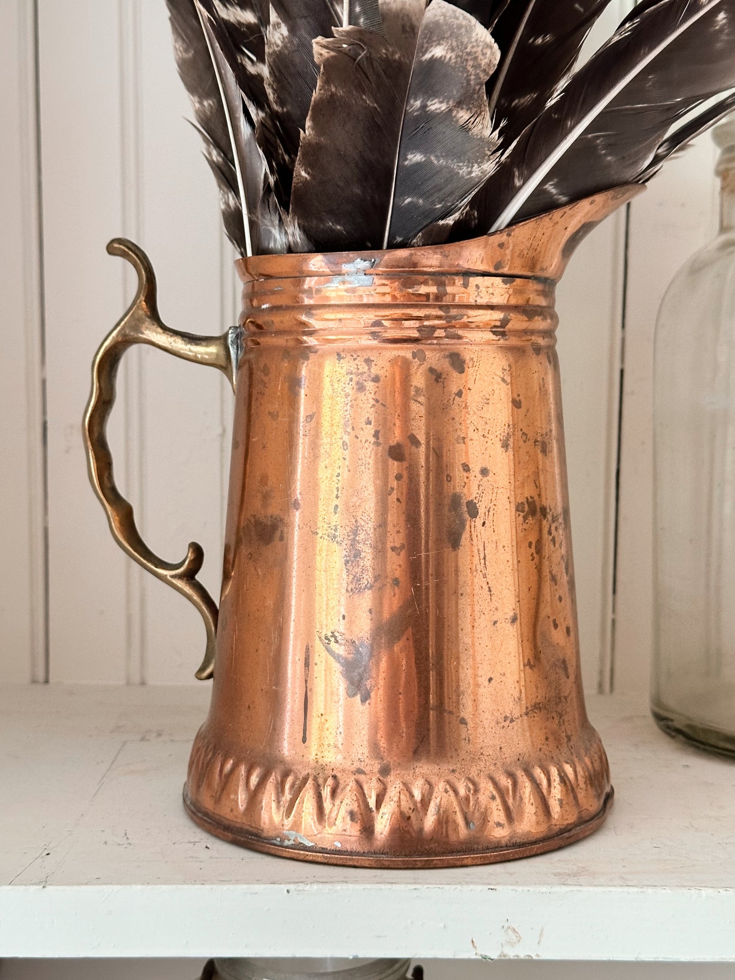 Vintage Copper Pitcher & Turkey Feathers