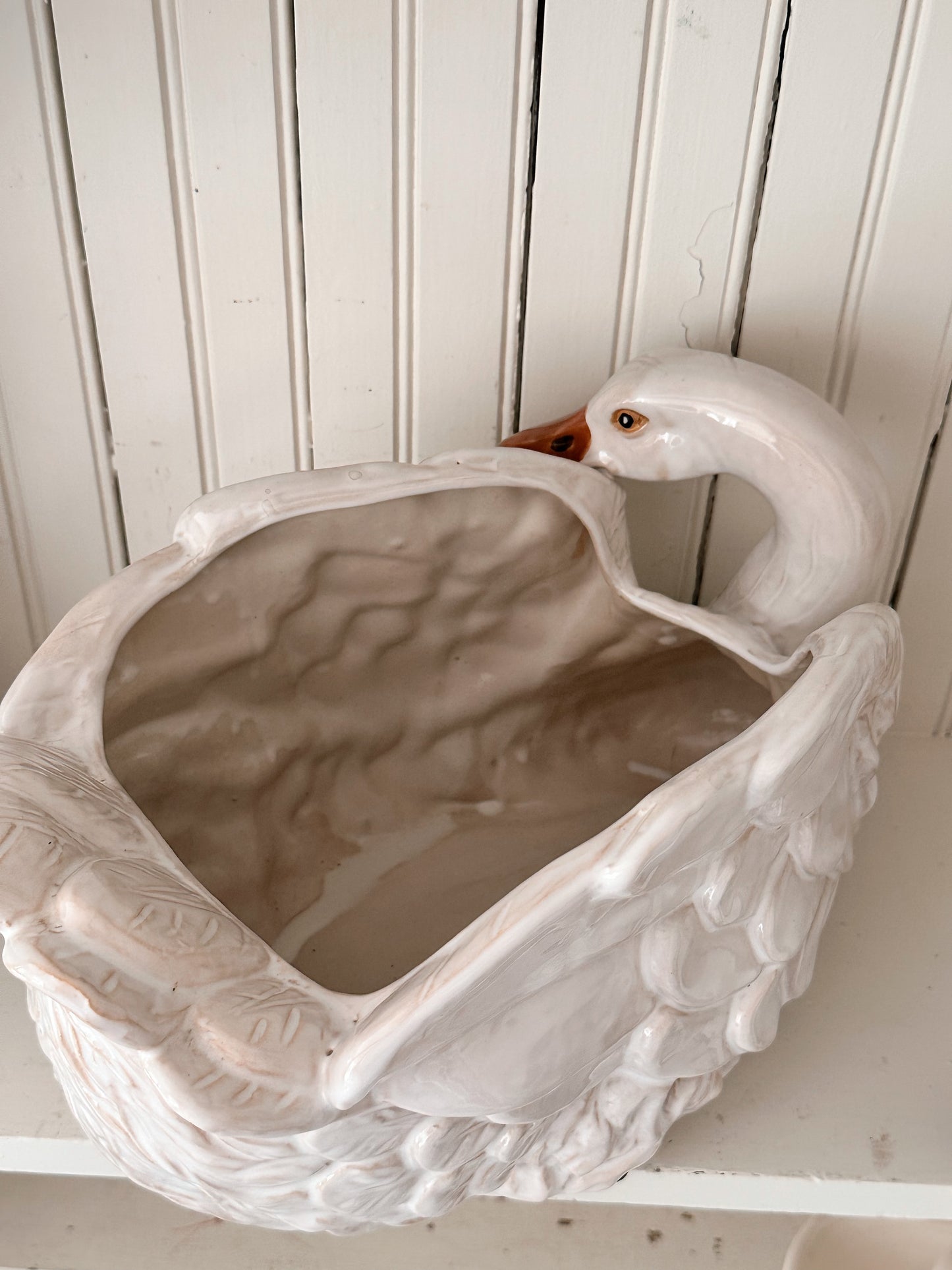 Large Vintage Glazed Terra Cotta Swan Planter