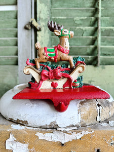 Vintage Cast Iron Reindeer & Sleigh Stocking Hanger