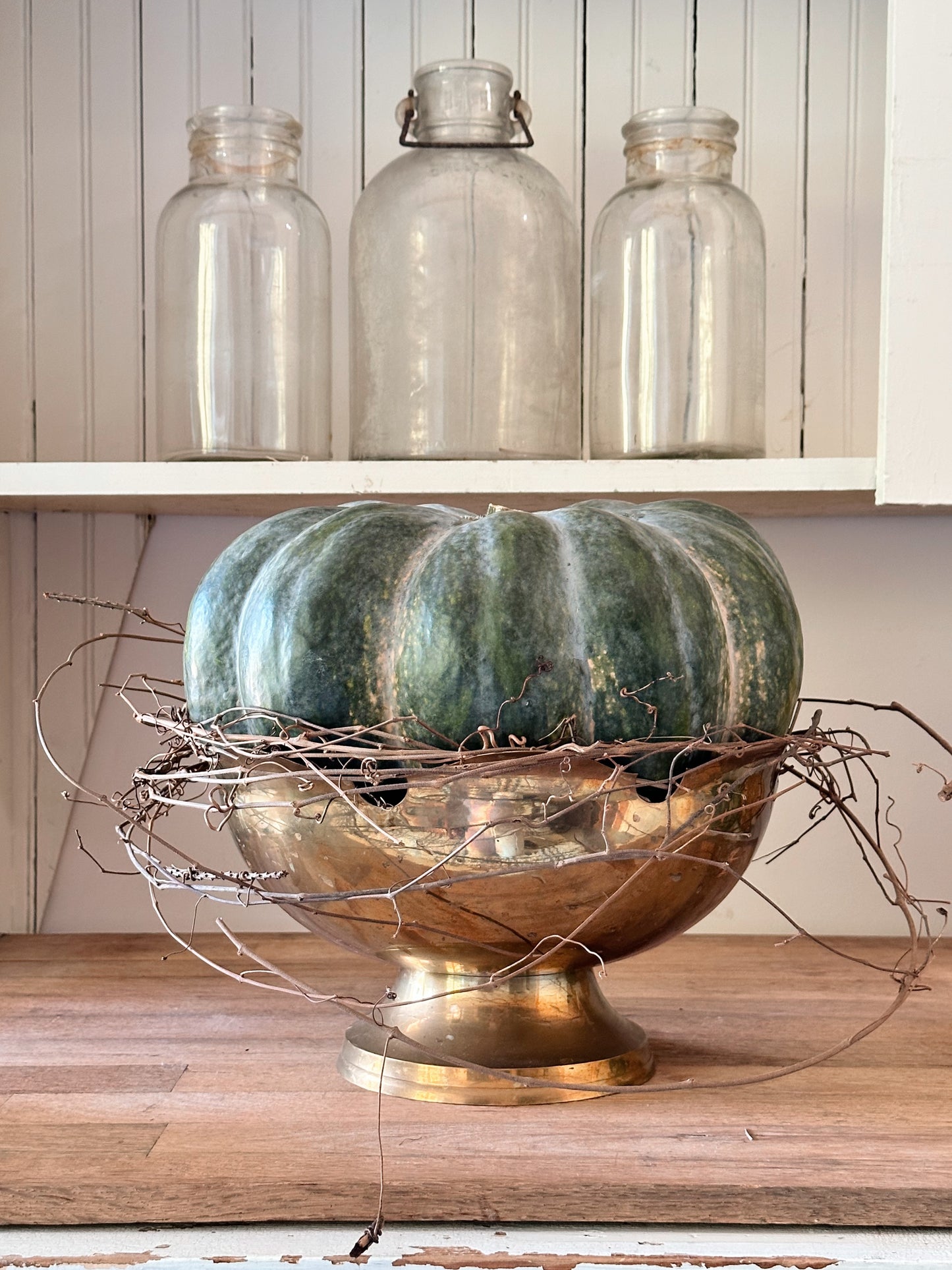 Vintage Brass Pedestal Bowl with Scalloped Edge