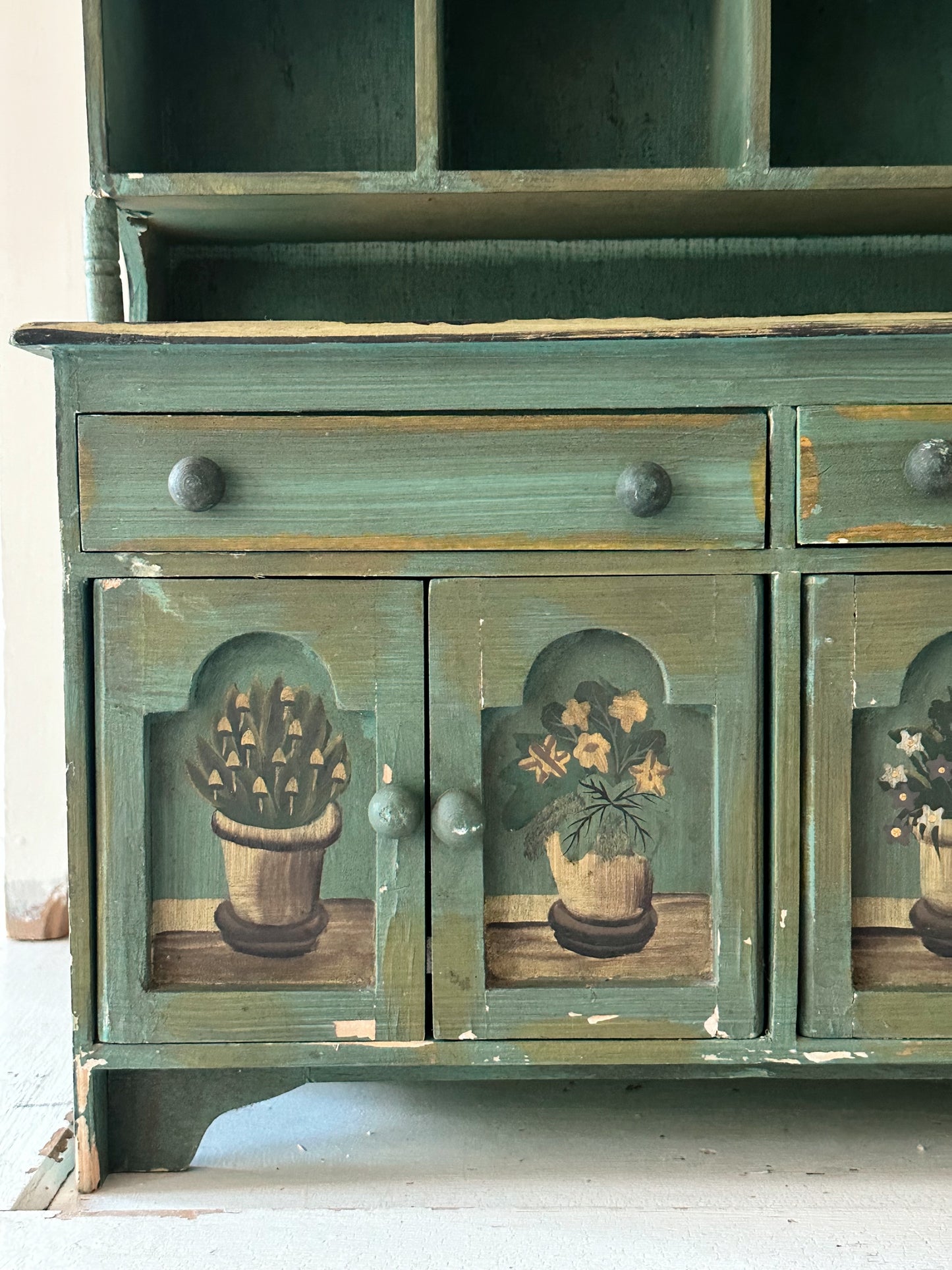 Vintage Tabletop Size Folk Art Painted Hutch