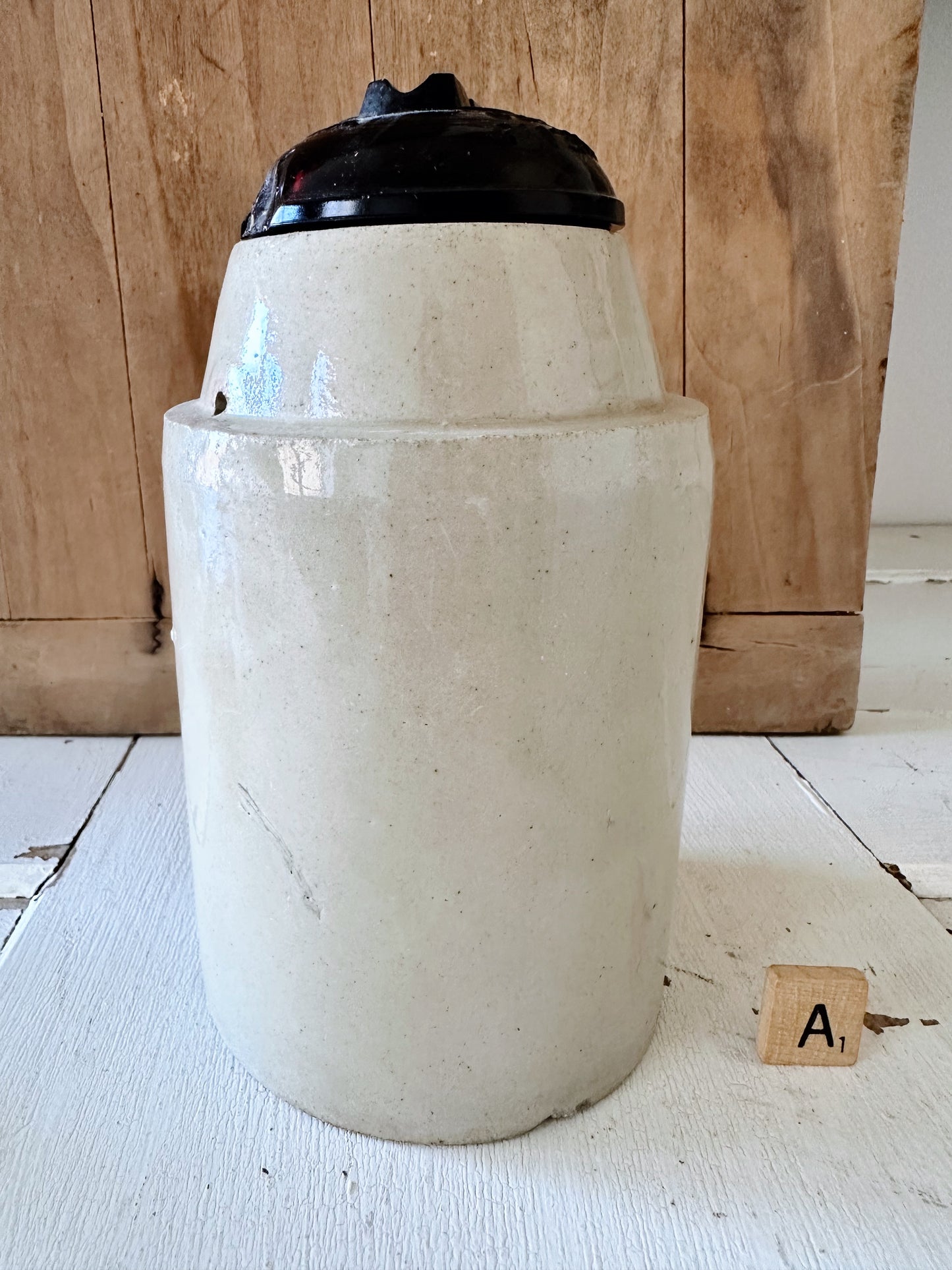 Antique Canning Crock with Amber Glass Lid