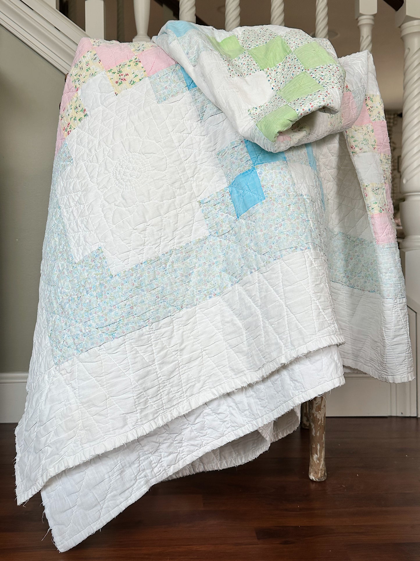 Vintage Hand Stitched Pastel Irish Chain Variation Quilt