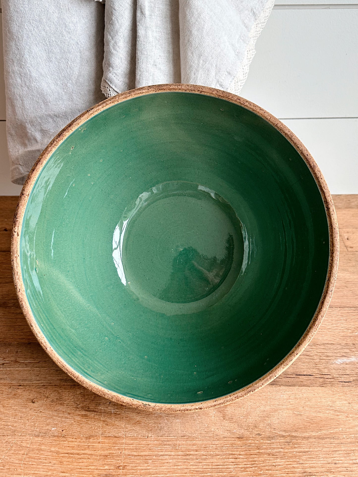 Big Beautiful Vintage Green Ribbed Stoneware Bowl