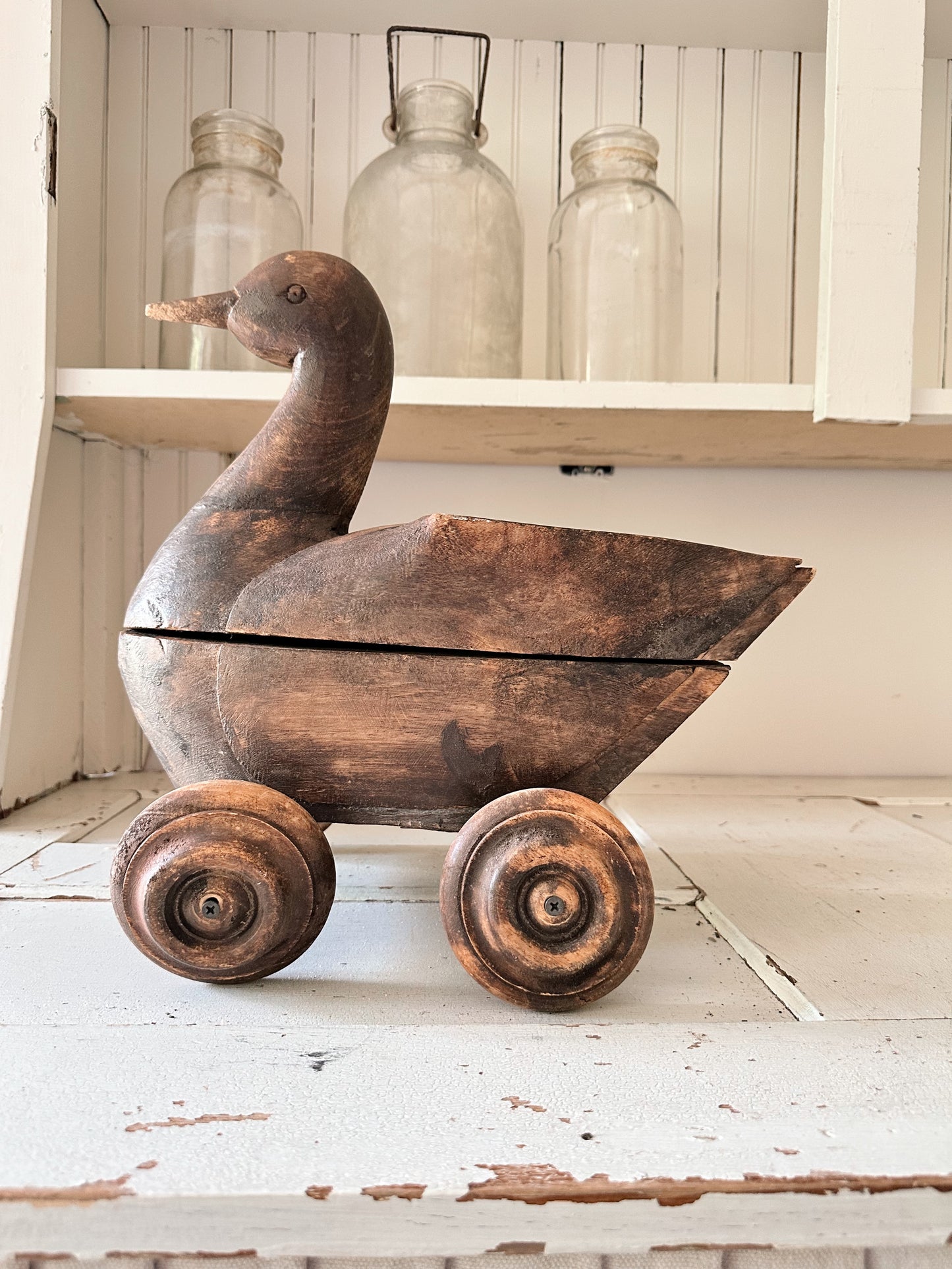 Amazing Old Carved Wood Duck on Wheels