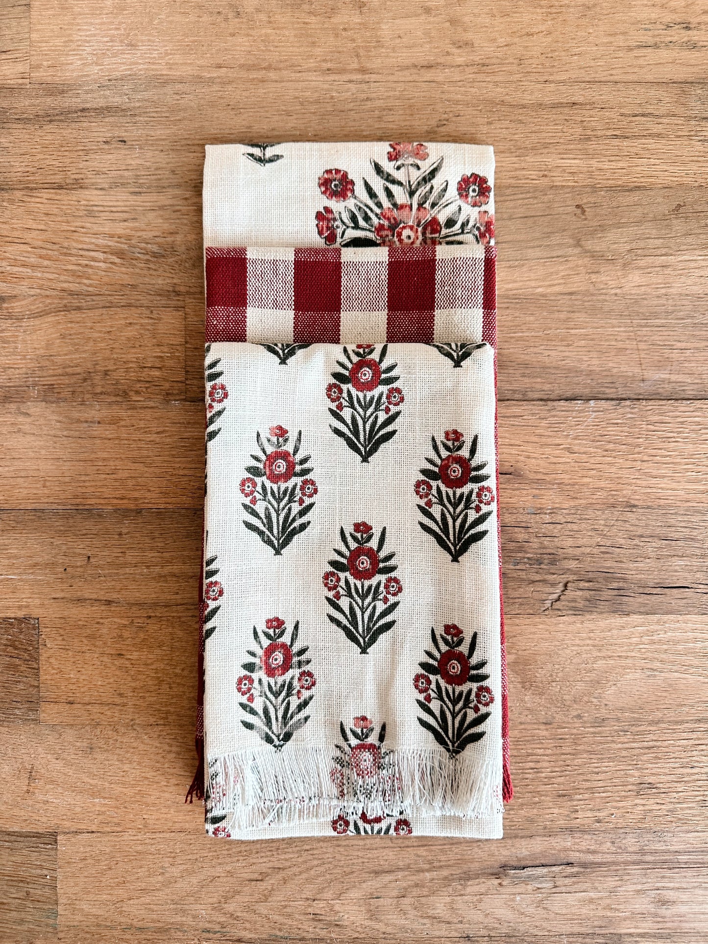 Set of Three Block Print & Gingham Tea Towels (green & red)