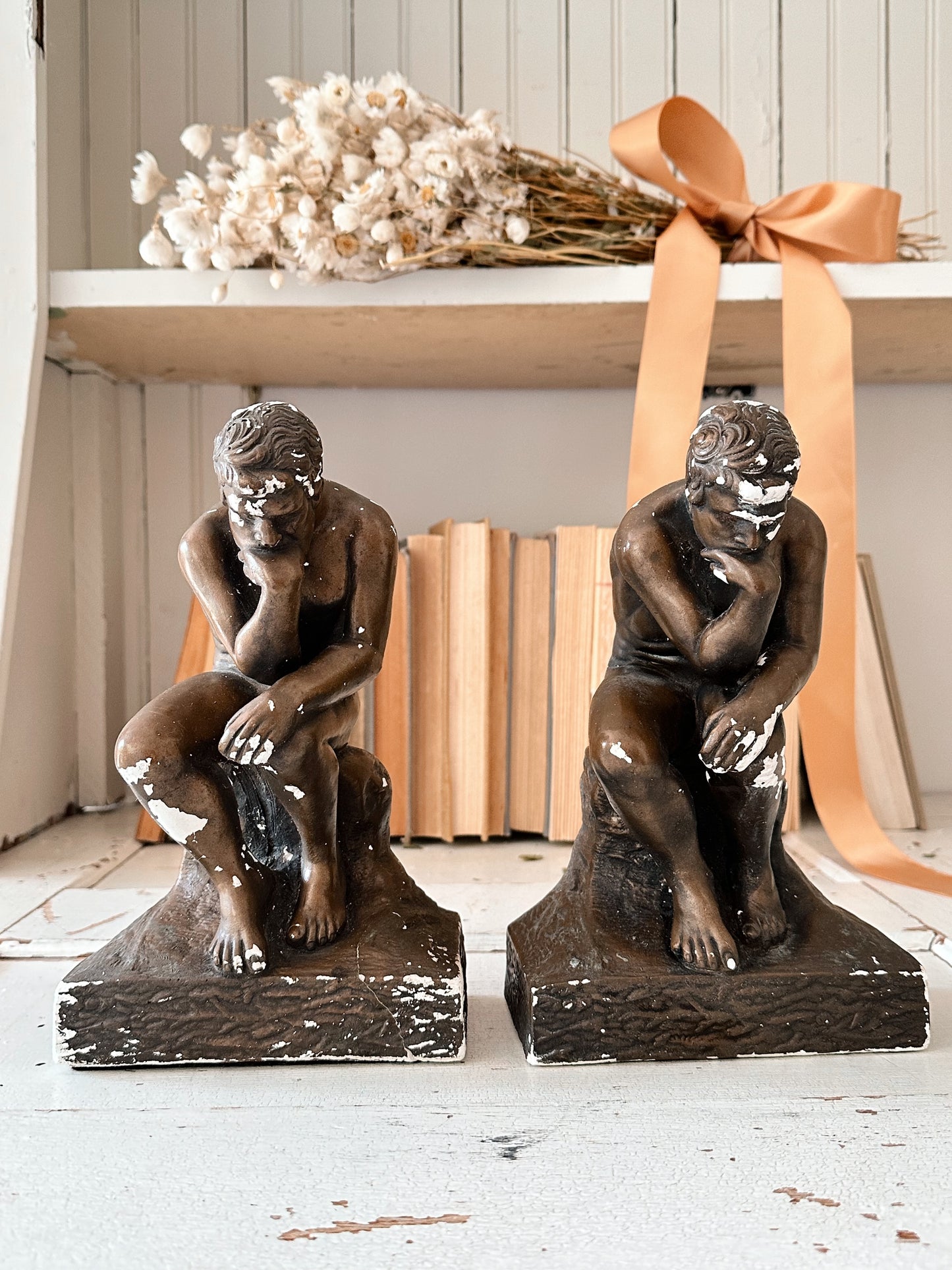 Pair of Chippy Vintage Esco Bookends, “The Thinker”