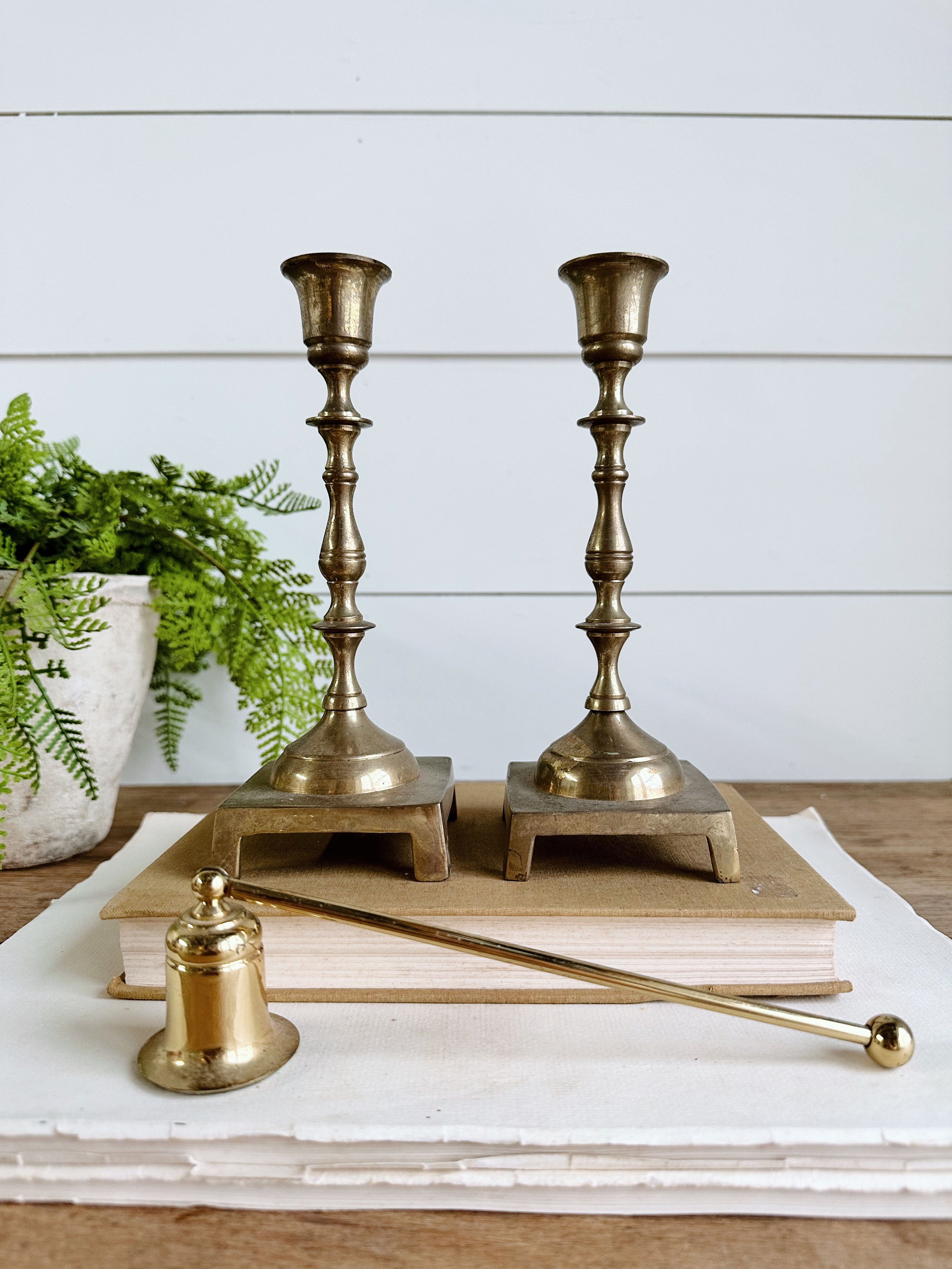 Pair of Vintage Brass Candle Holders & Snuffer