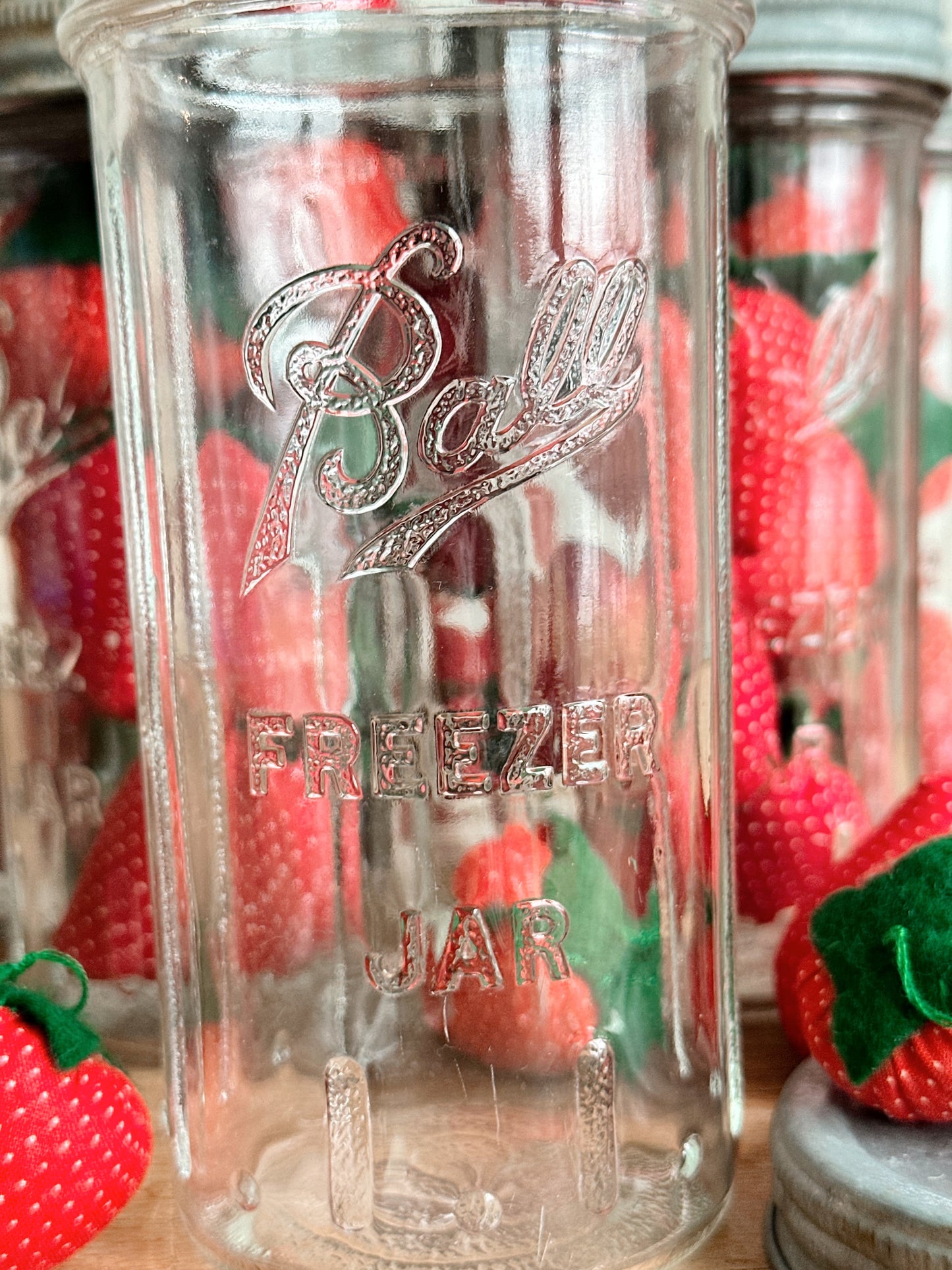 Vintage Freezer Ball Mason Jar with Handmade Strawberries