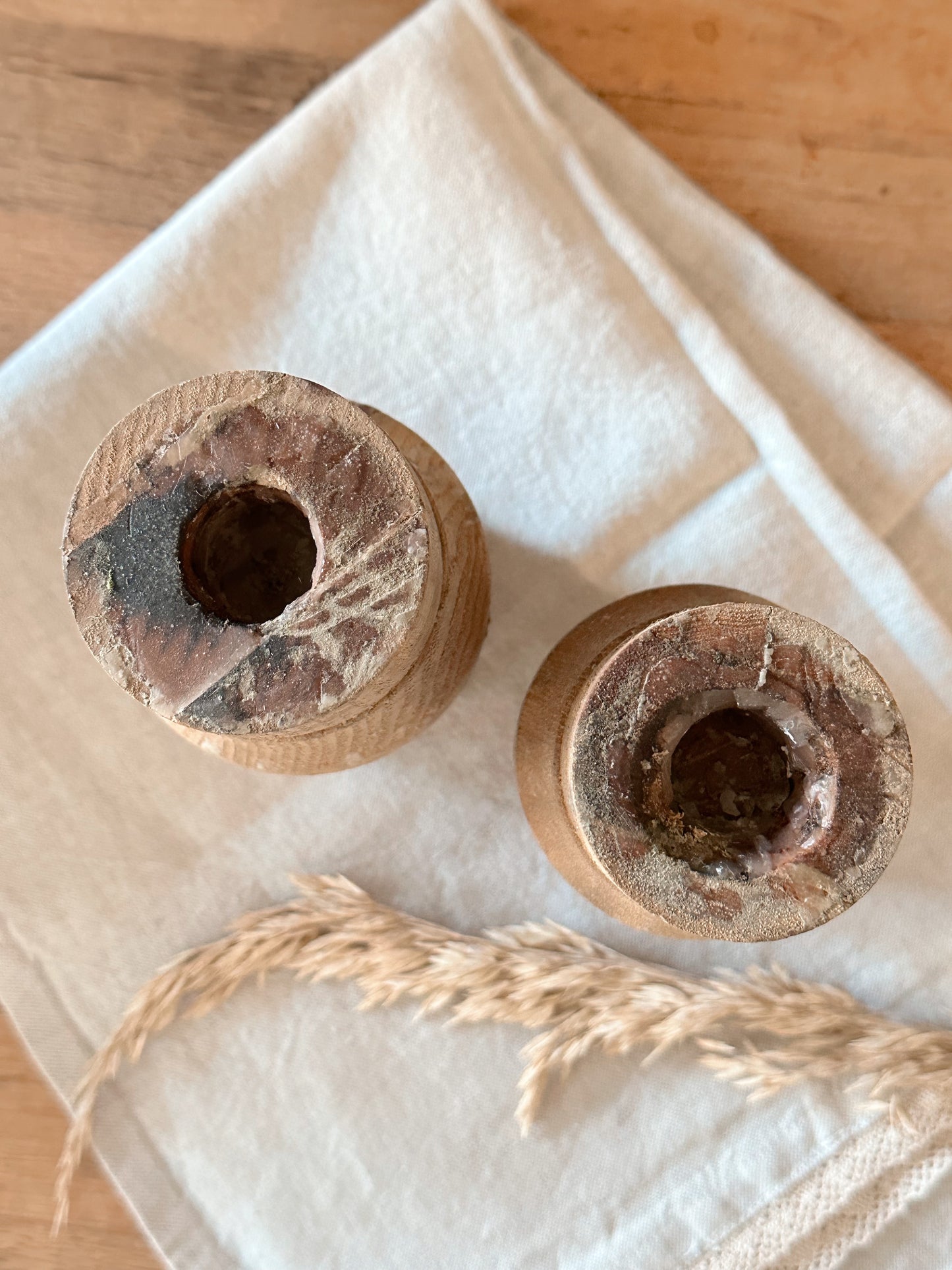 Found Salvaged Wood Wheel Cog Candle Holders