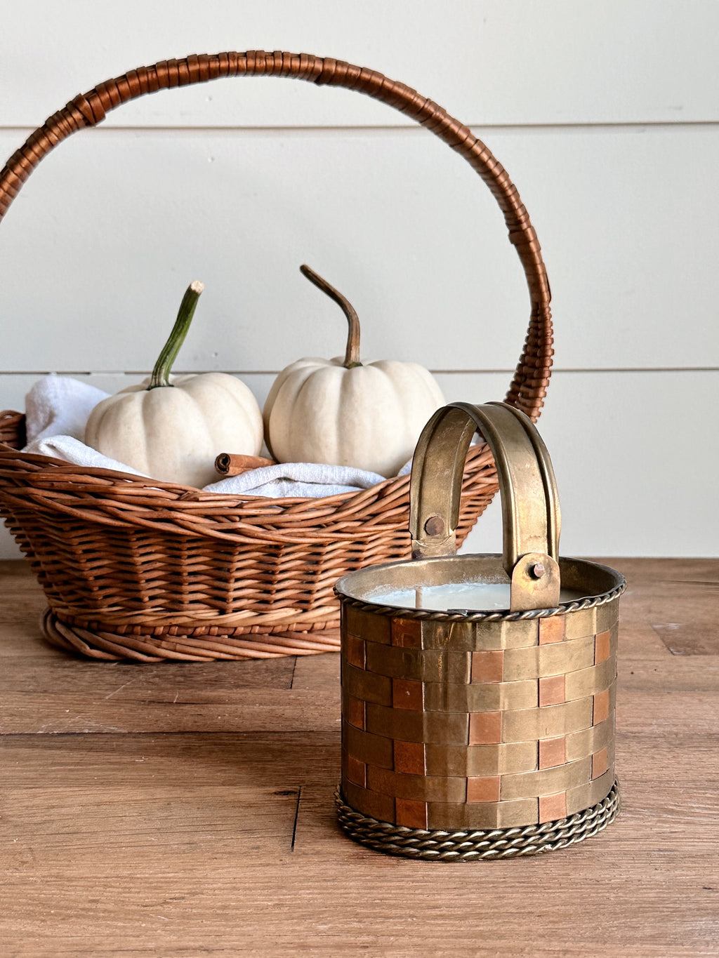 Hand Poured Pumpkin Chai Candle in a Vintage Brass Basket