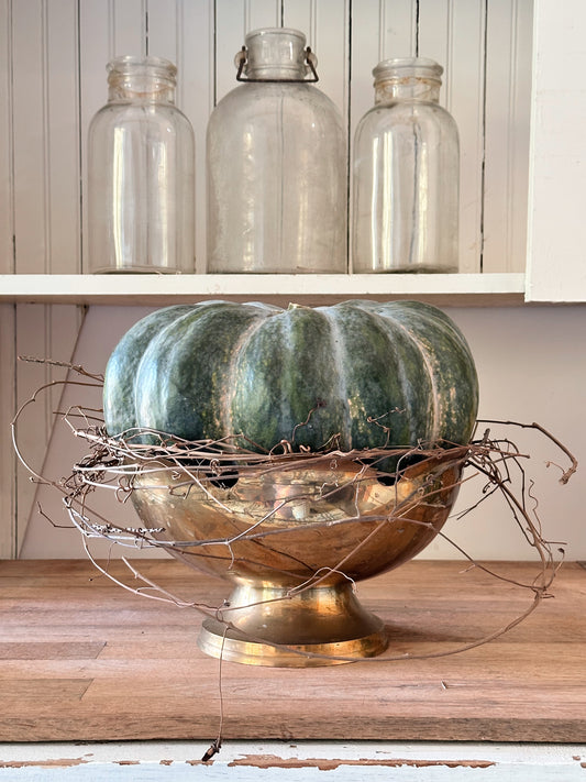 Vintage Brass Pedestal Bowl with Scalloped Edge