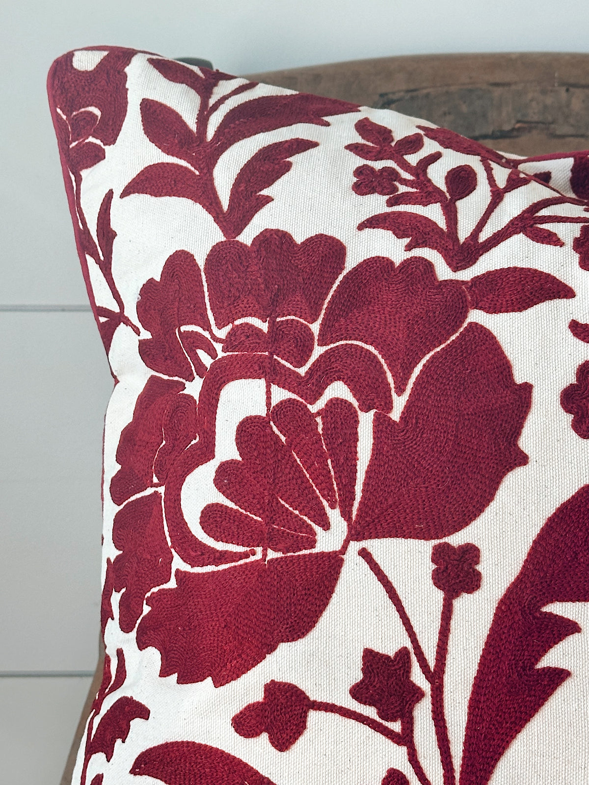 Ruby Red Crewelwork Floral Pillow