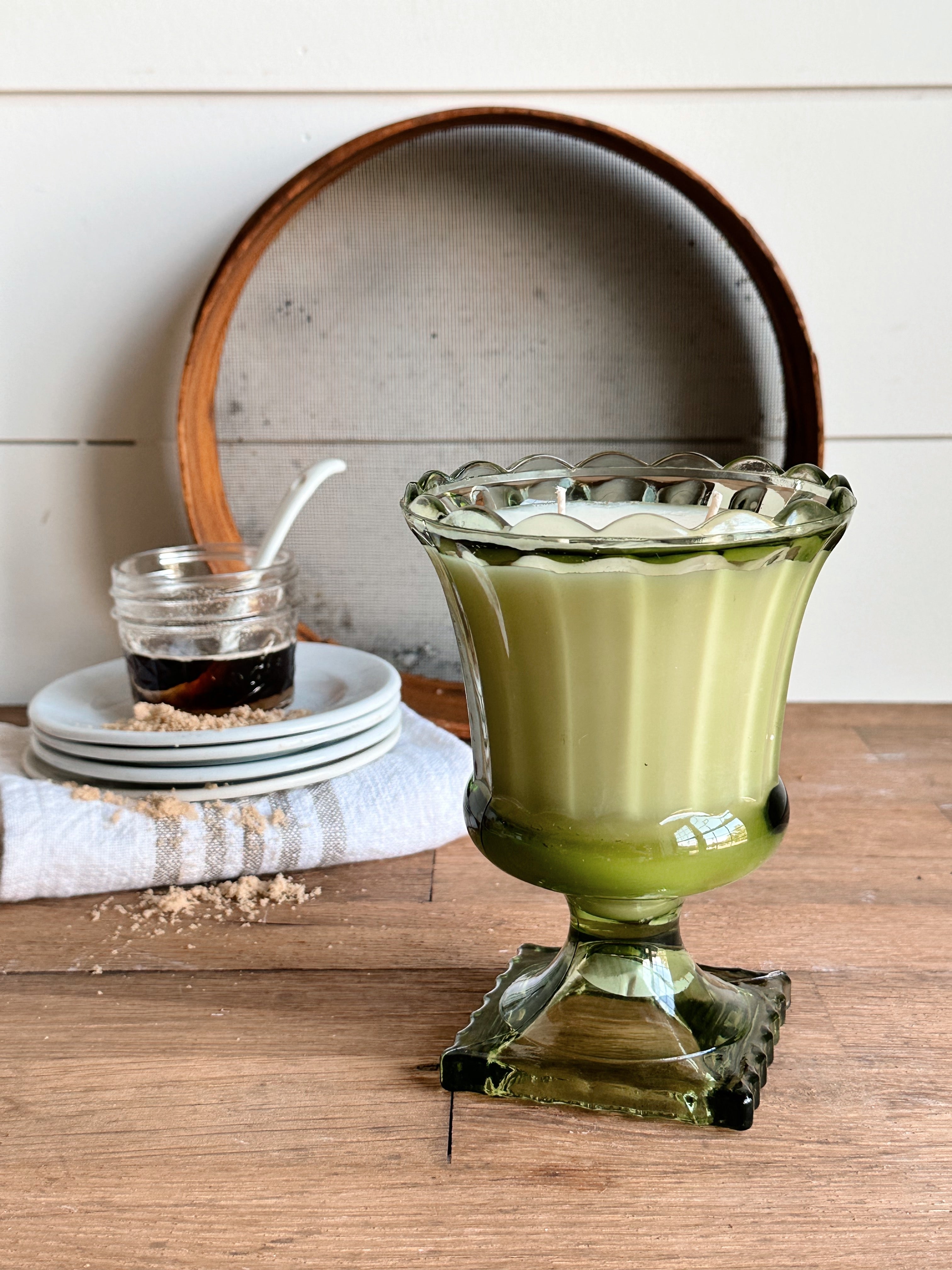 Hand Poured Pralines & Caramel in a Vintage Green Glass Pedestal Vase