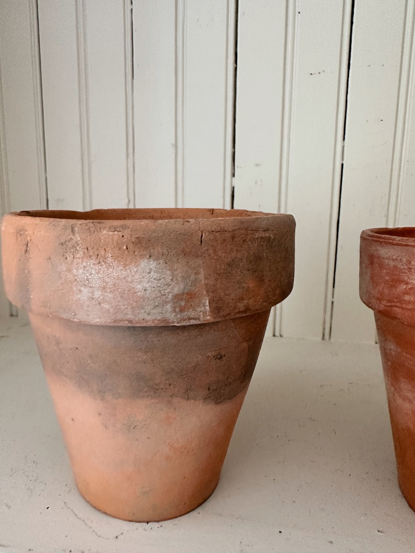 Vintage Chippy Wire Basket & Worn Terra Cotta Pots