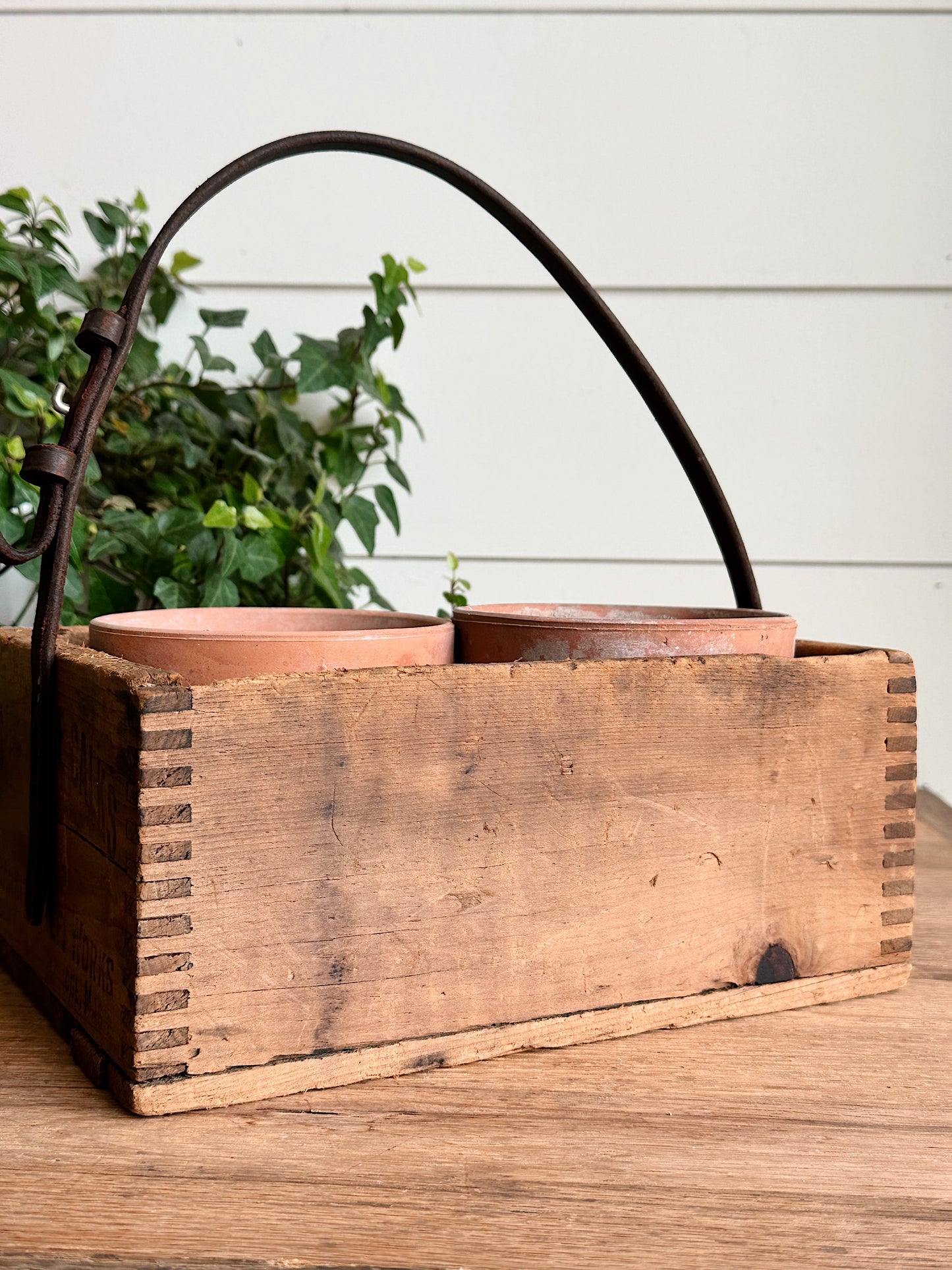 Vintage Handmade Advertising Wood Caddy & Pots