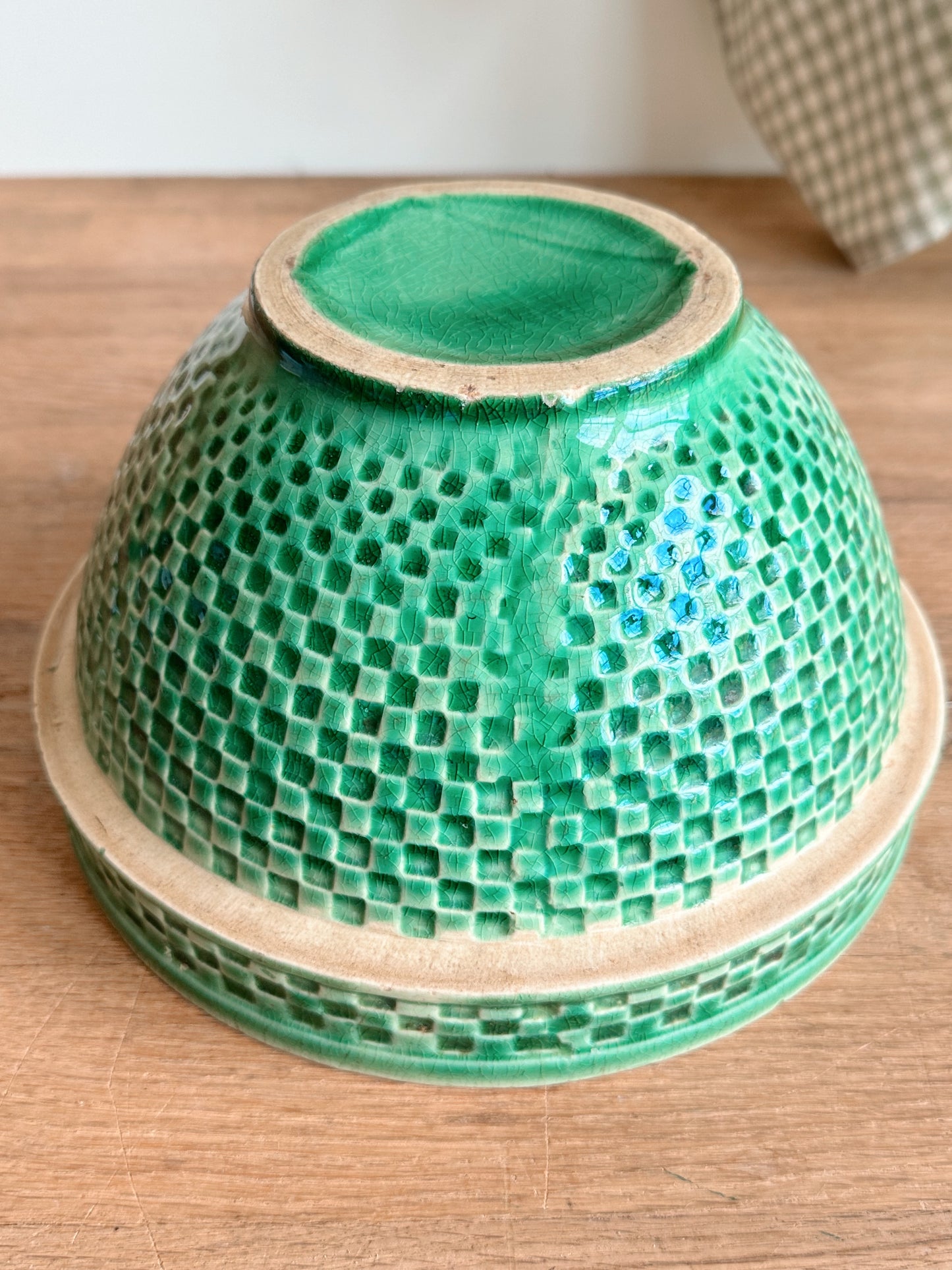 Vintage Green Checkerboard Stoneware Bowl