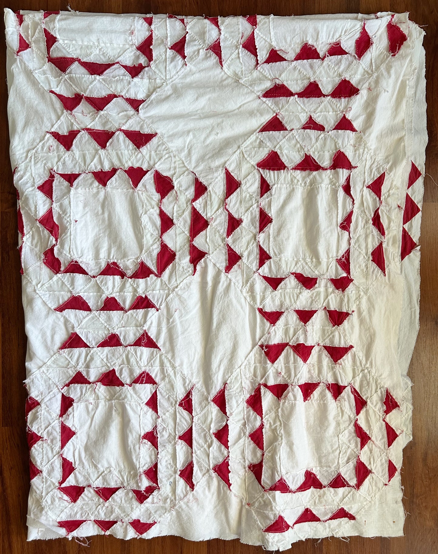 Antique Hand Pieced Turkey Red & White Sawtooth Quilt Top