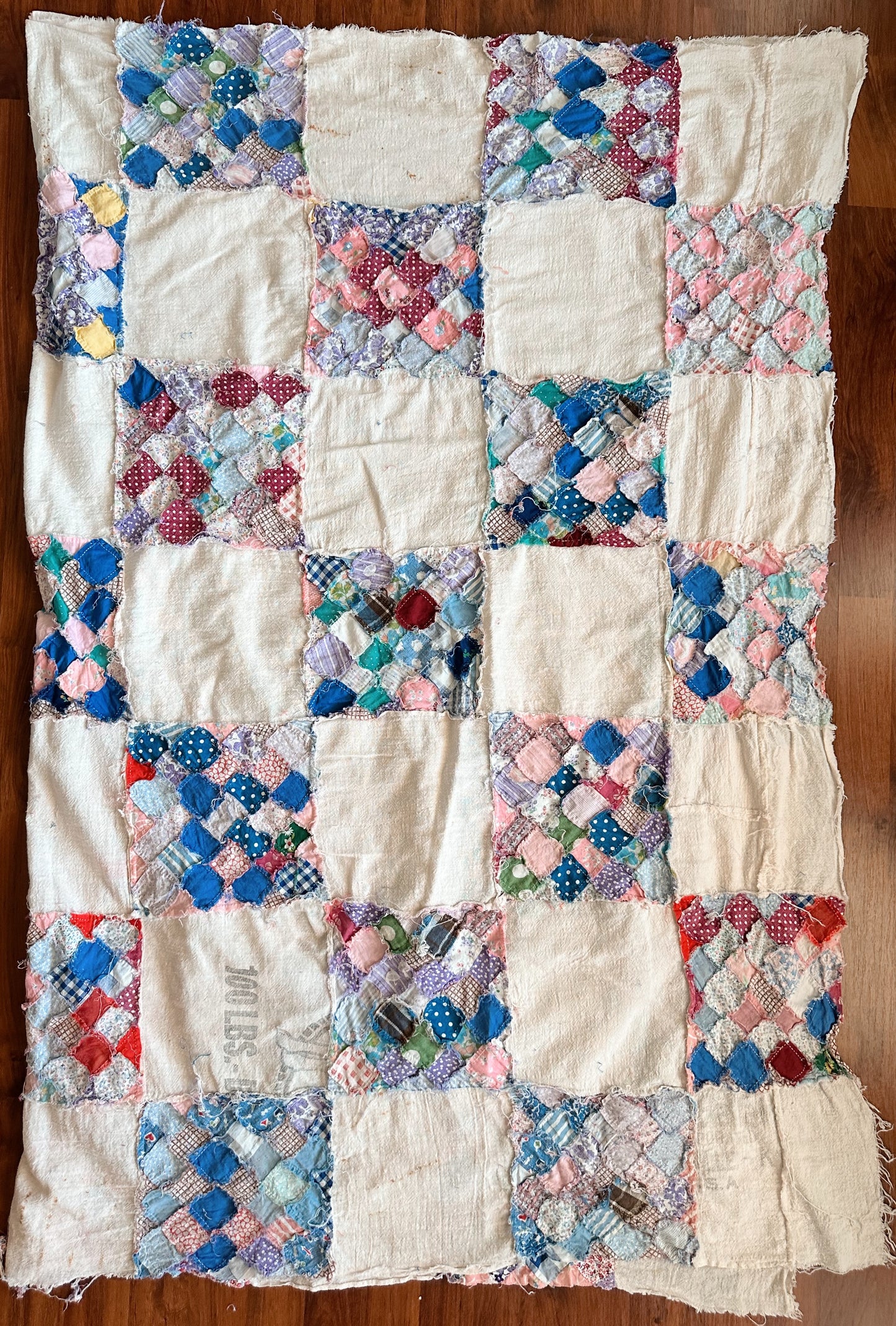Depression Era Patchwork Scrap Utility Quilt Top With Repurposed Industrial Sack Borders