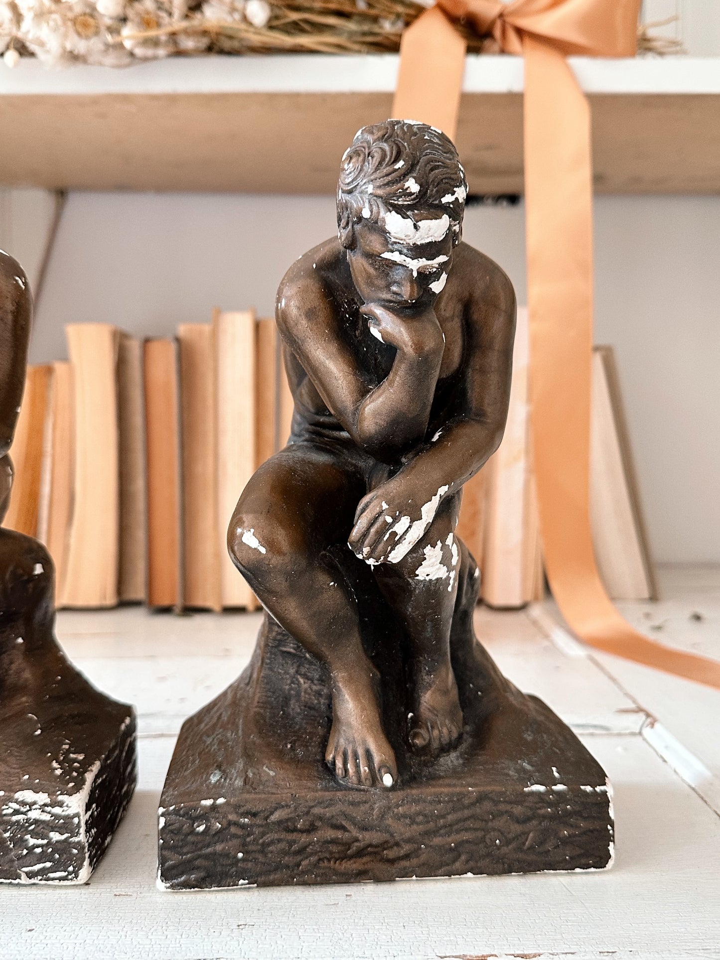 Pair of Chippy Vintage Esco Bookends, “The Thinker”