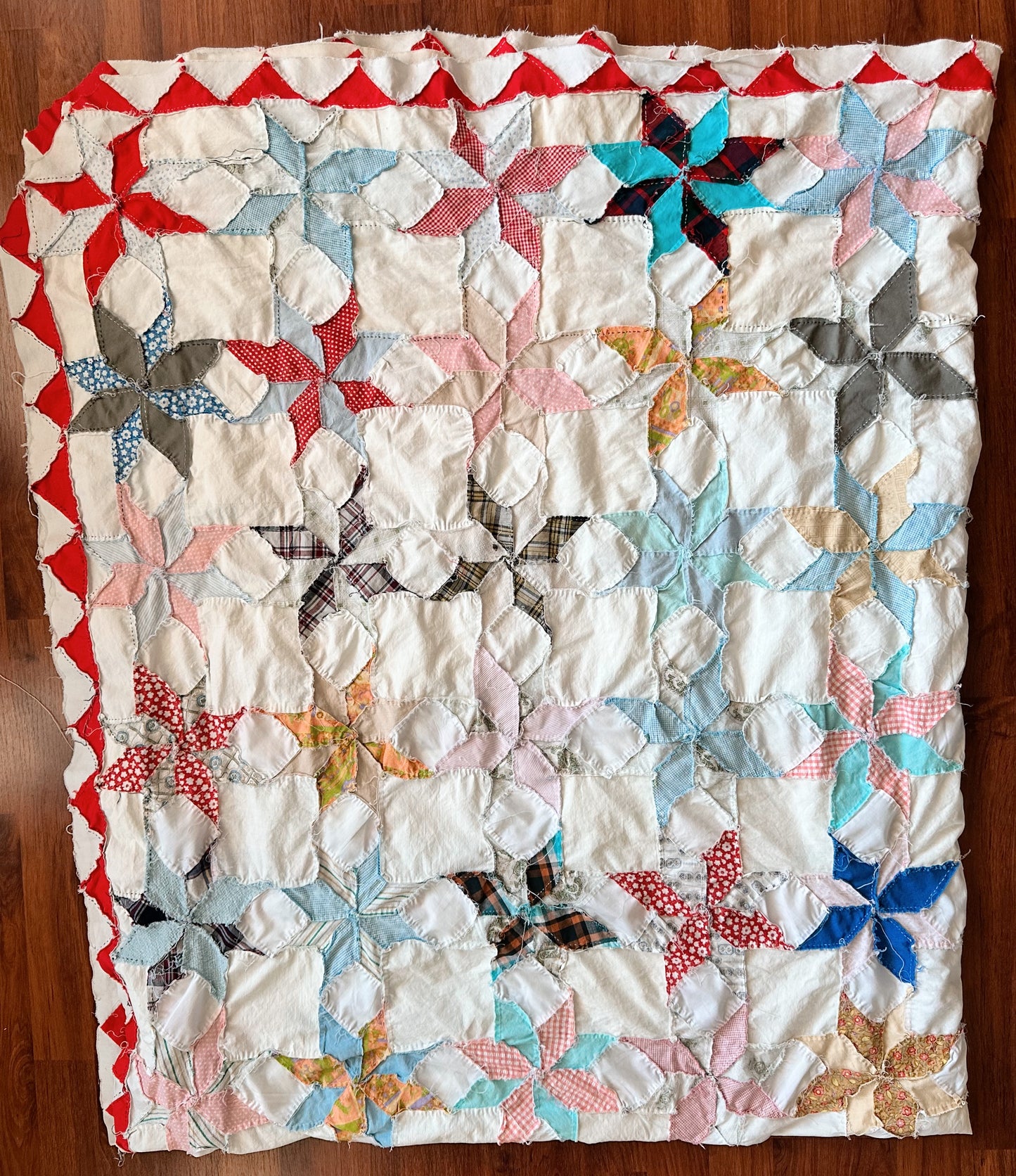 Vintage Hand Pieced 8-Point Star Quilt Top