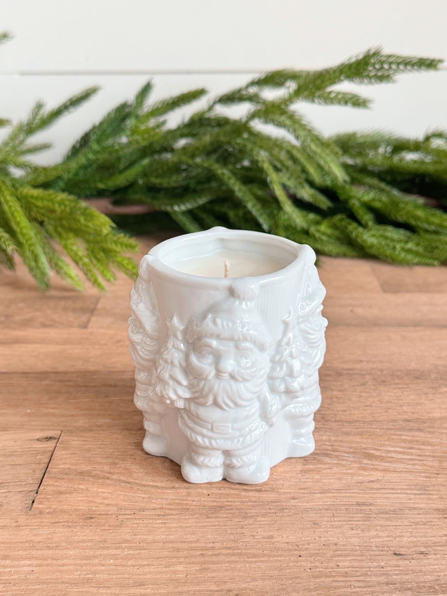 Hand Poured Peppermint Latte Candle in a Found Santa Vessel