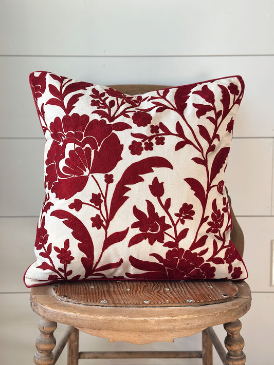 Ruby Red Crewelwork Floral Pillow