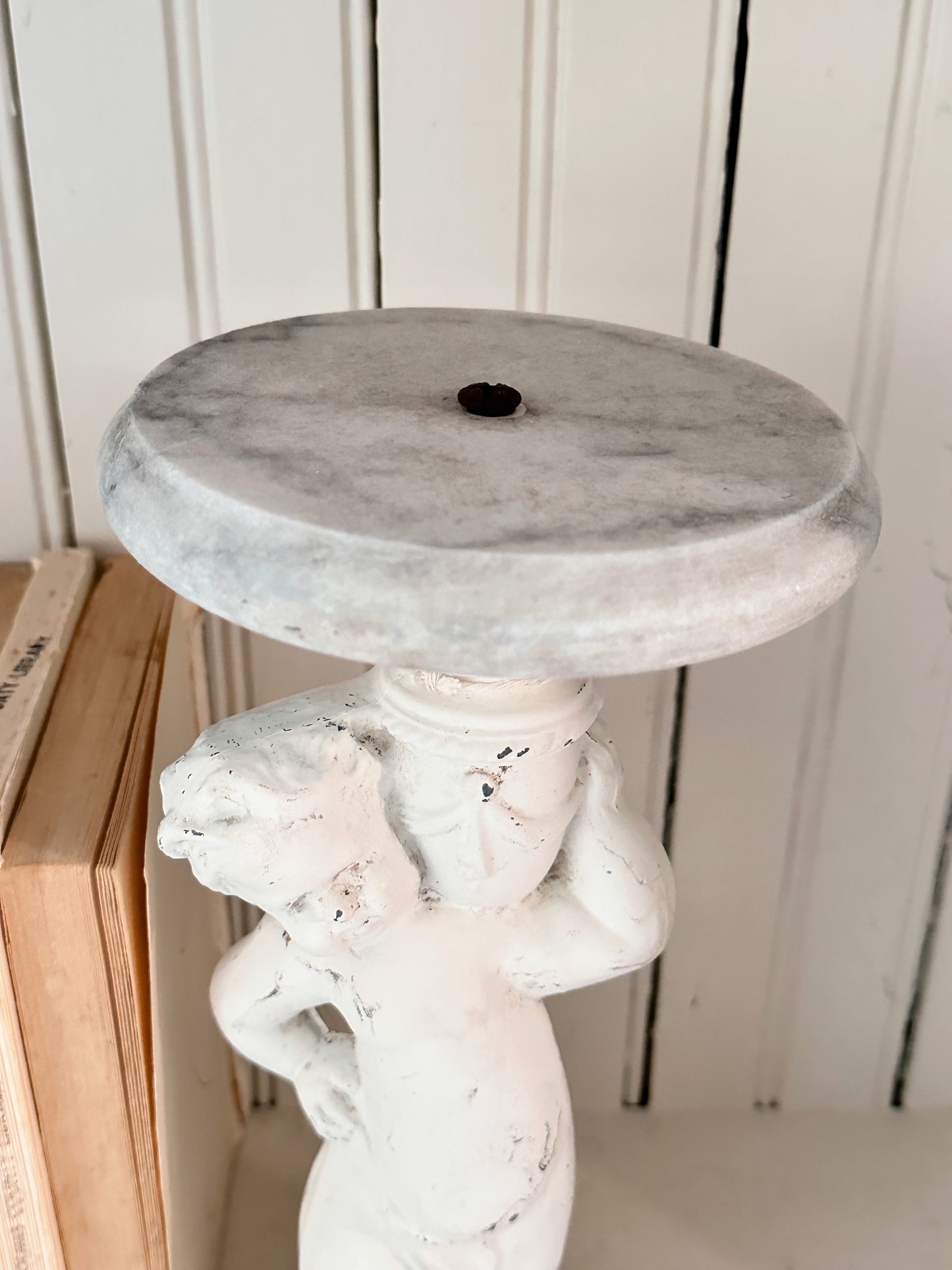 Vintage Metal & Alabaster Garden Statue, Plant Stand