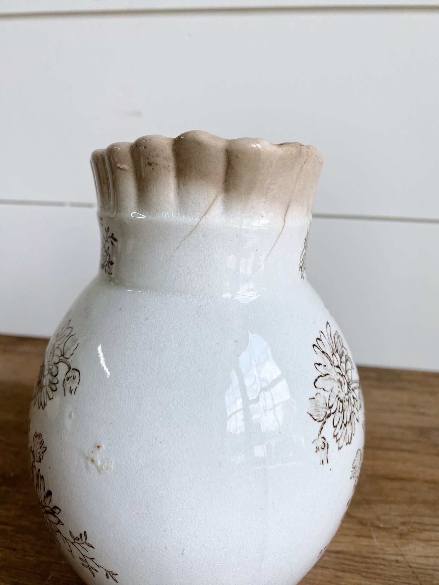 Beautiful Vintage Brown & White Transferware Creamer