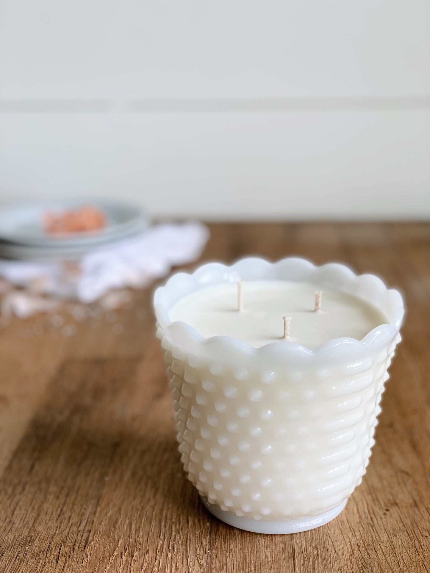 Hand Poured Sea Salt & Freesia in a Vintage Hobnail Milkglass Vase