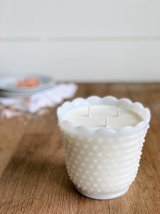 Hand Poured Sea Salt & Freesia in a Vintage Hobnail Milkglass Vase