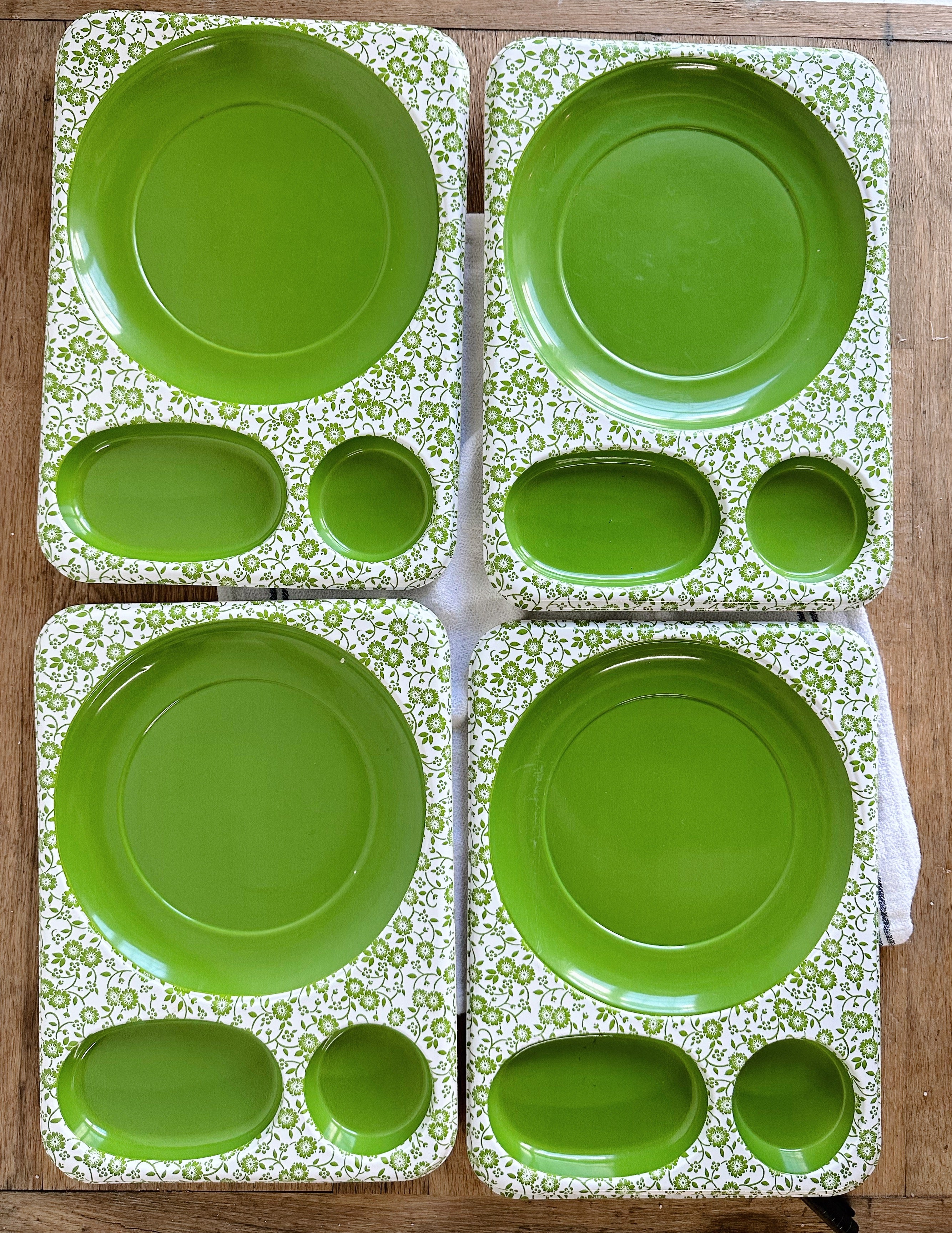 Collection of Eight Vintage Green Floral Picnic Trays