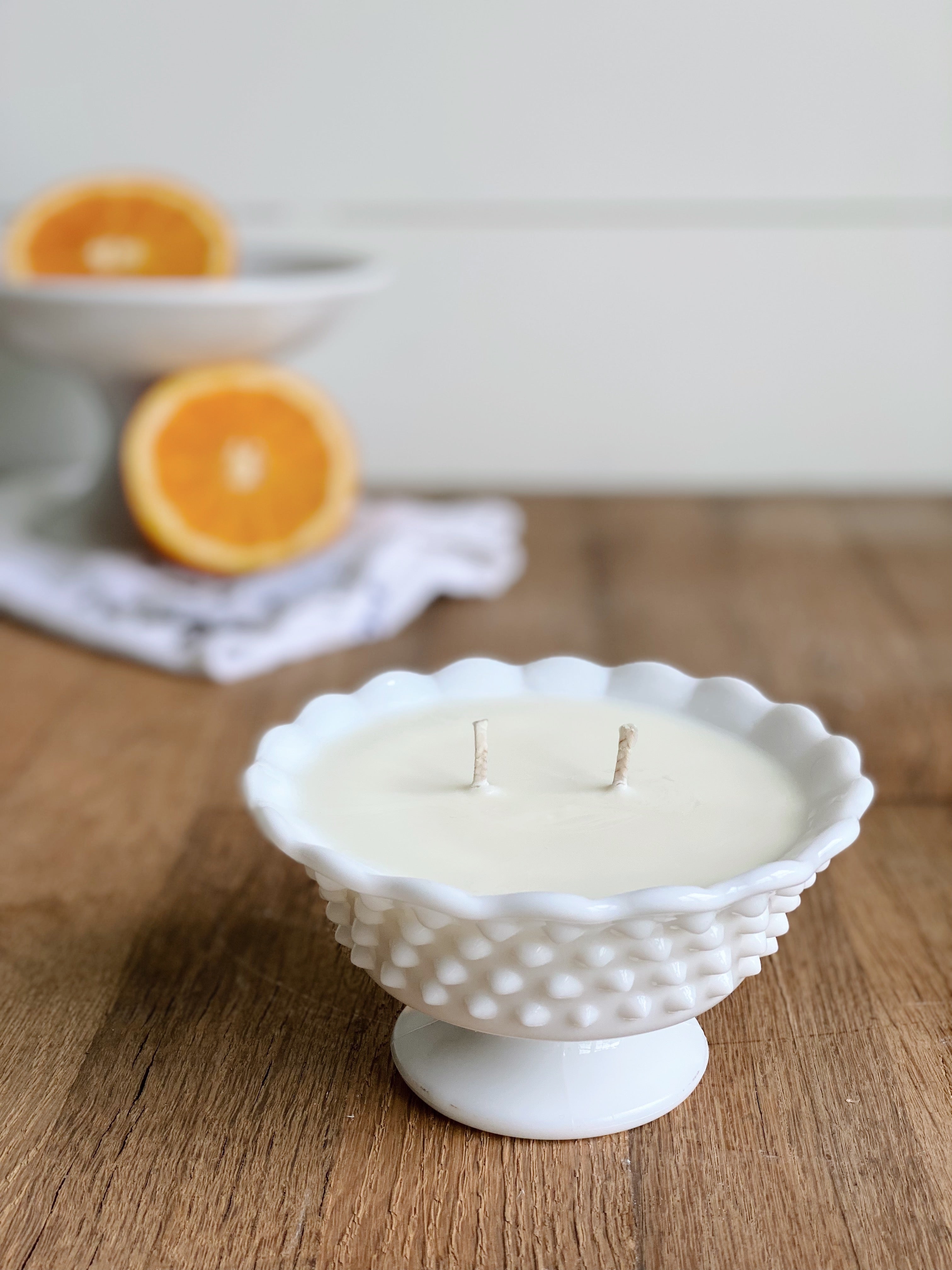 Hand Poured Orange & Peppercorn in a Vintage Hobnail Milkglass Dish