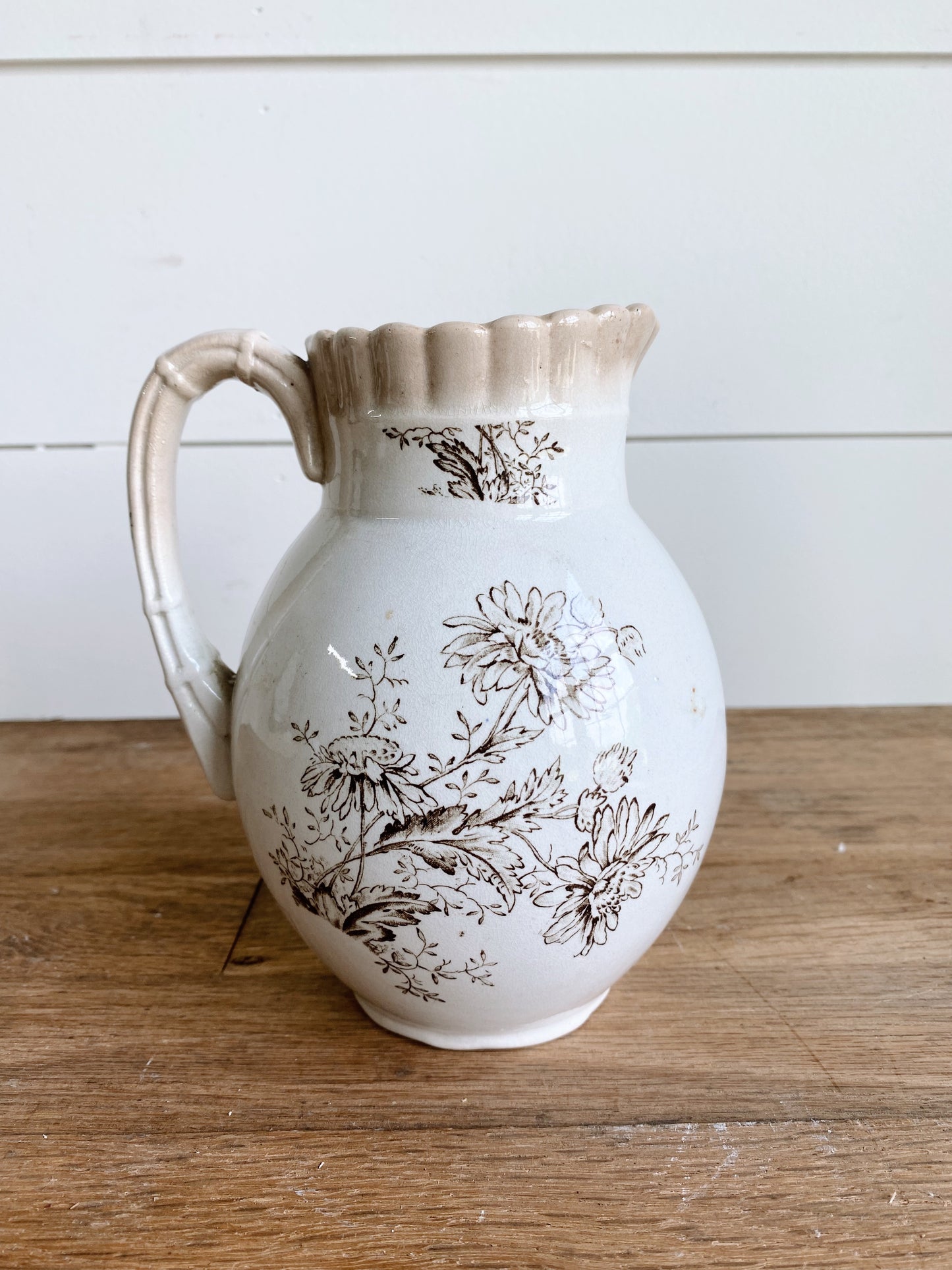 Beautiful Vintage Brown & White Transferware Creamer