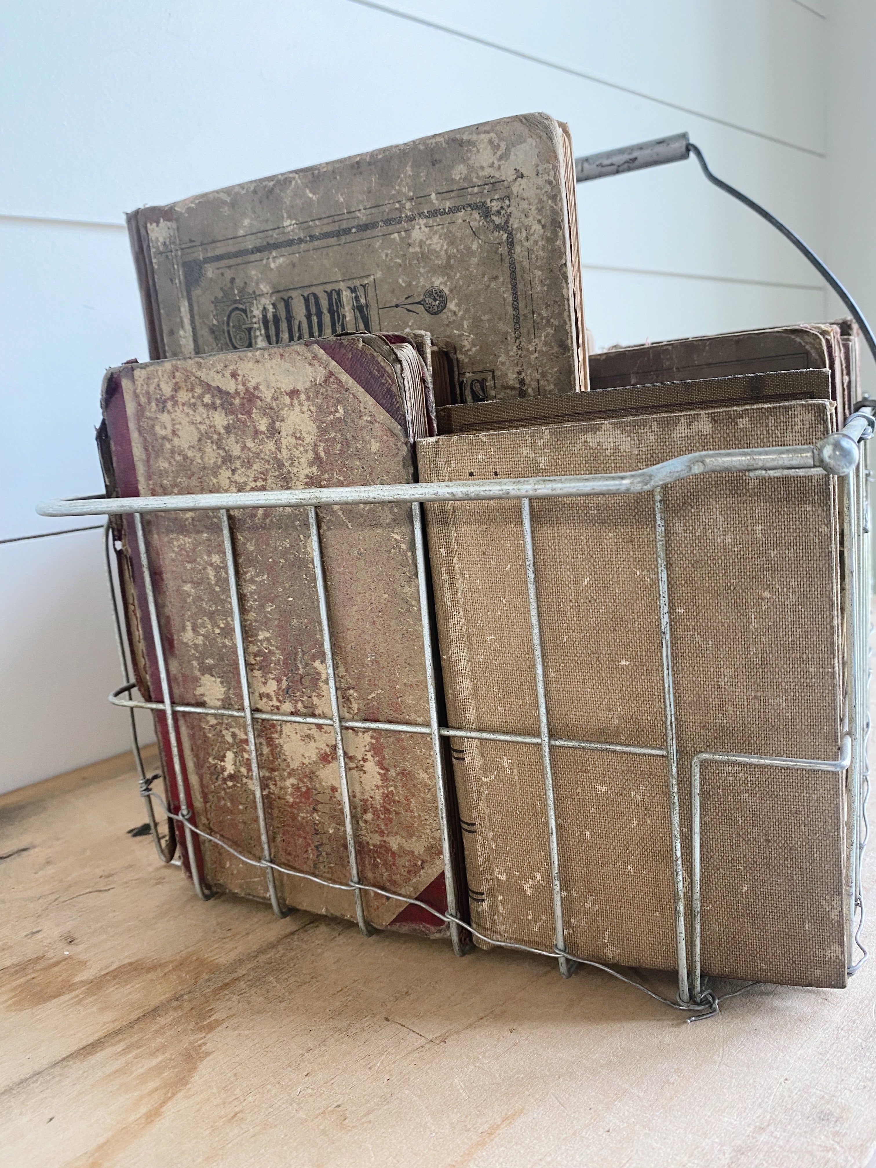 Collection of 35 Vintage & Antique Books in a Vintage Wire Basket